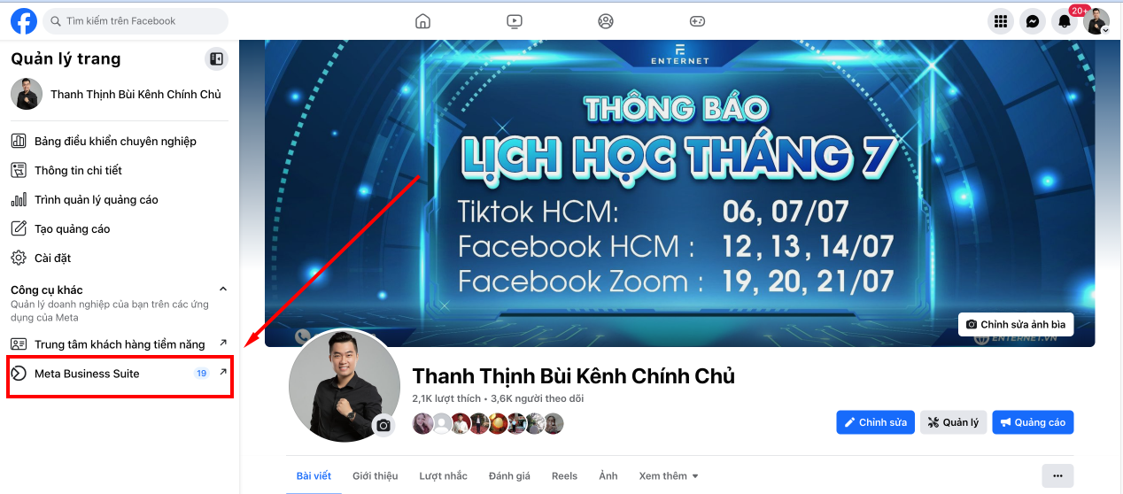 bấm vào meta business suite