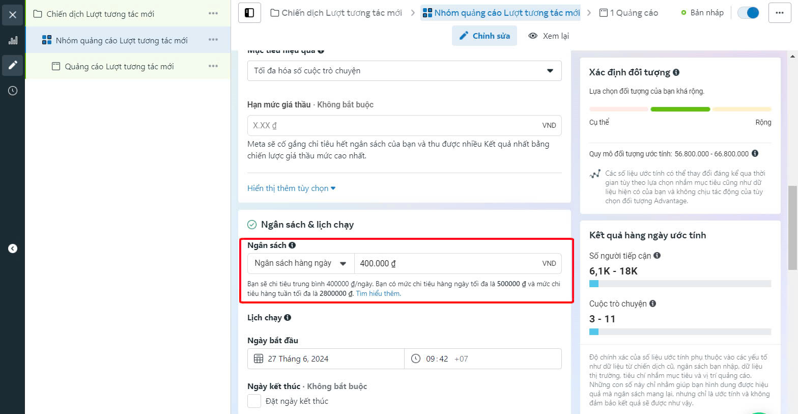 Bước 5: Ngân sách quảng cáo Facebook