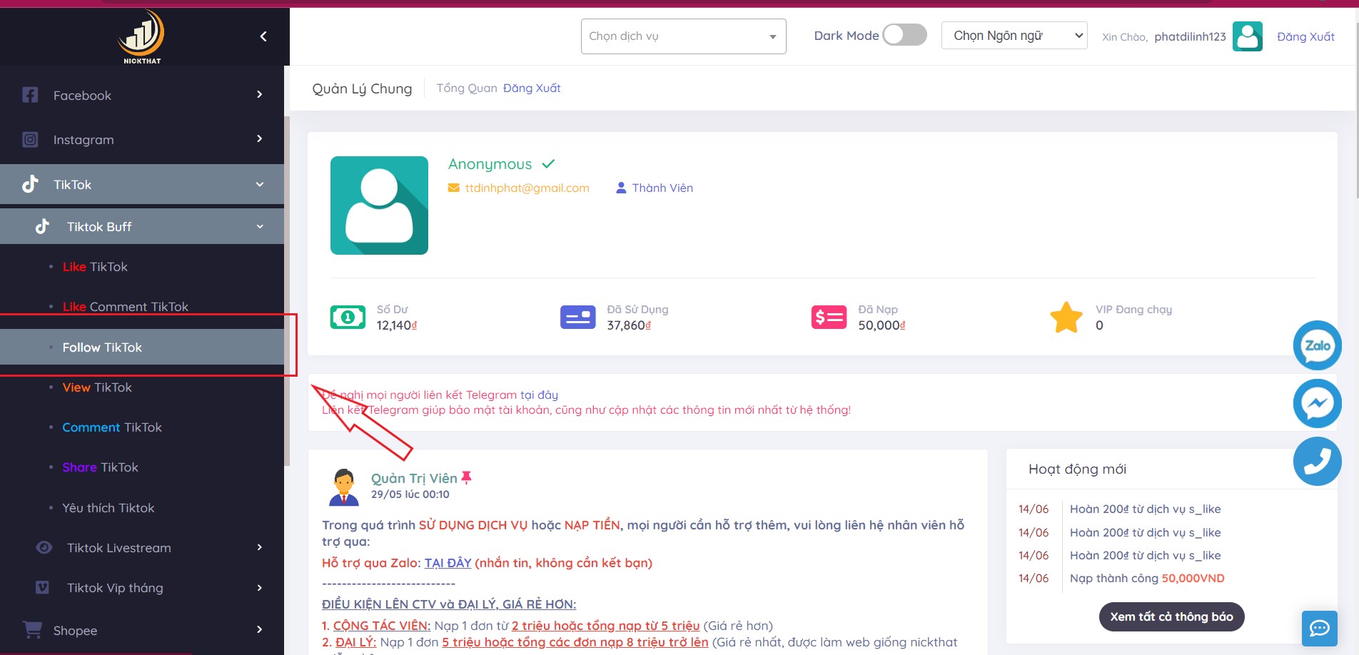Cách tăng follow tik tok bằng nickthat.vn