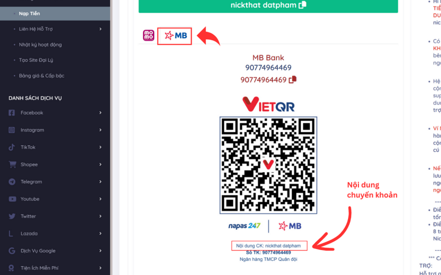 Nạp tiền vào nickthat