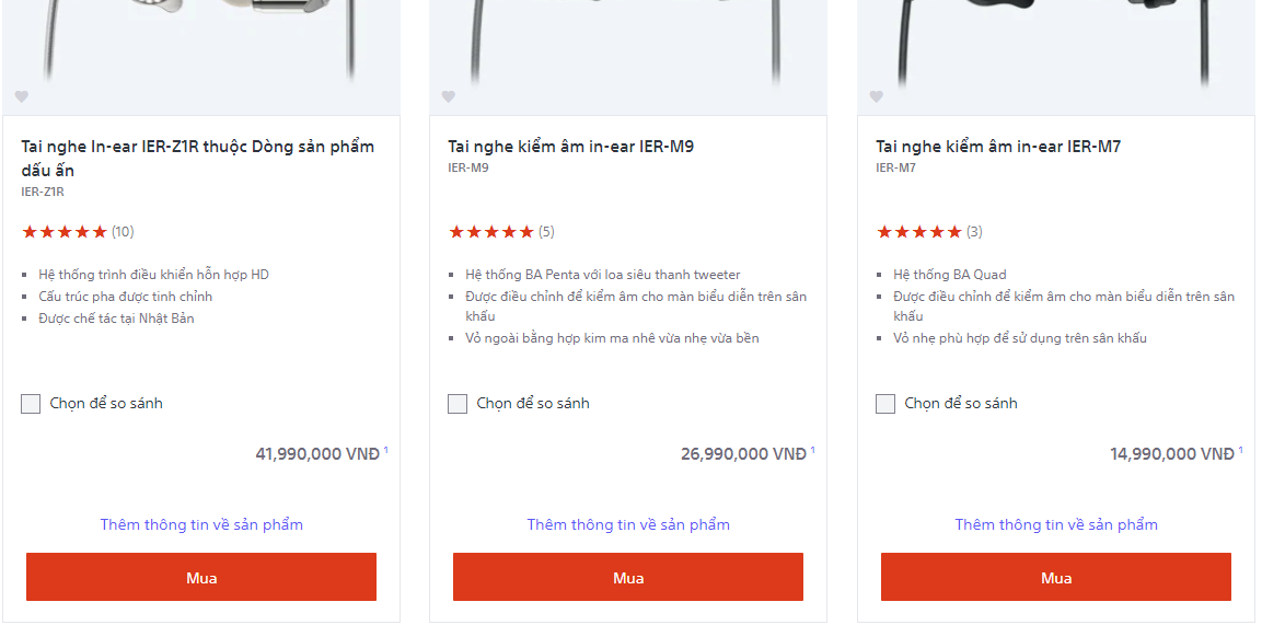 Giá sản phẩm tai nghe của thương hiệu Sony Việt Nam được công khai trên website