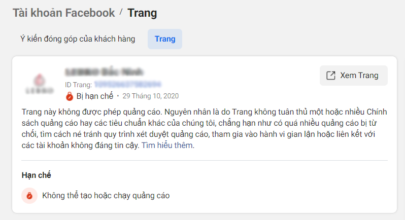 Fanpage kháng là fanpage đã từng bị hạn chế quảng cáo và kháng về thành công (page sạch) 