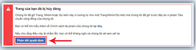 kháng nghị fanpage bị hủy đăng