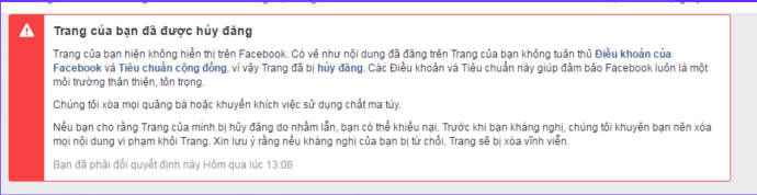 fanpage bị hủy đăng