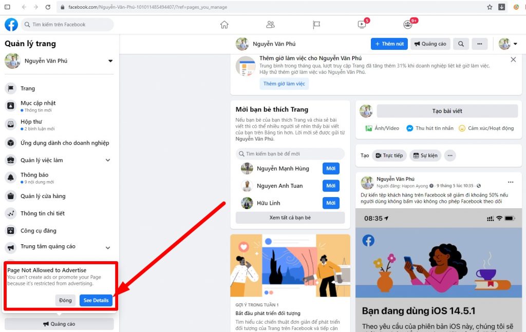Kiểm tra trực tiếp trên fanpage