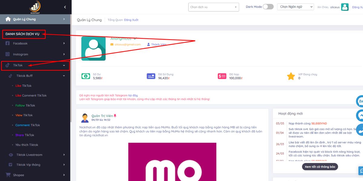Chọn mục TikTok để tăng Follow TikTok