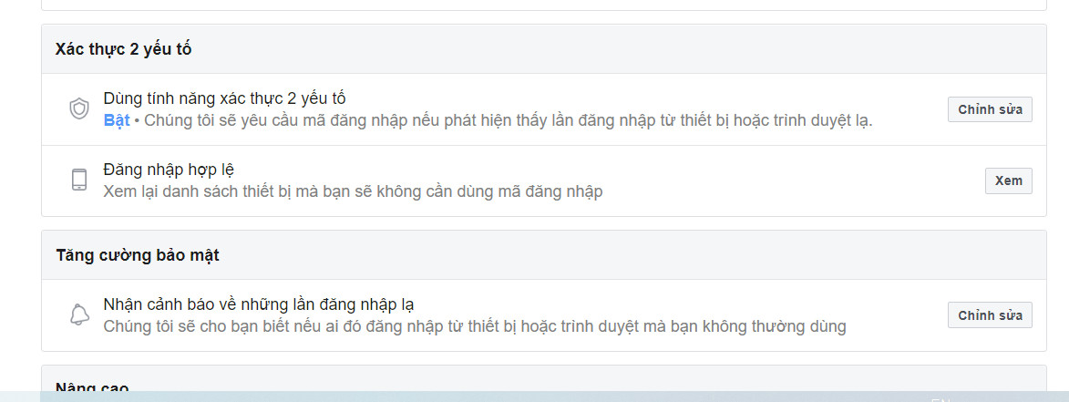 Bật tính năng xác thực 2 yếu tố khi thay đổi thông tin via facebook