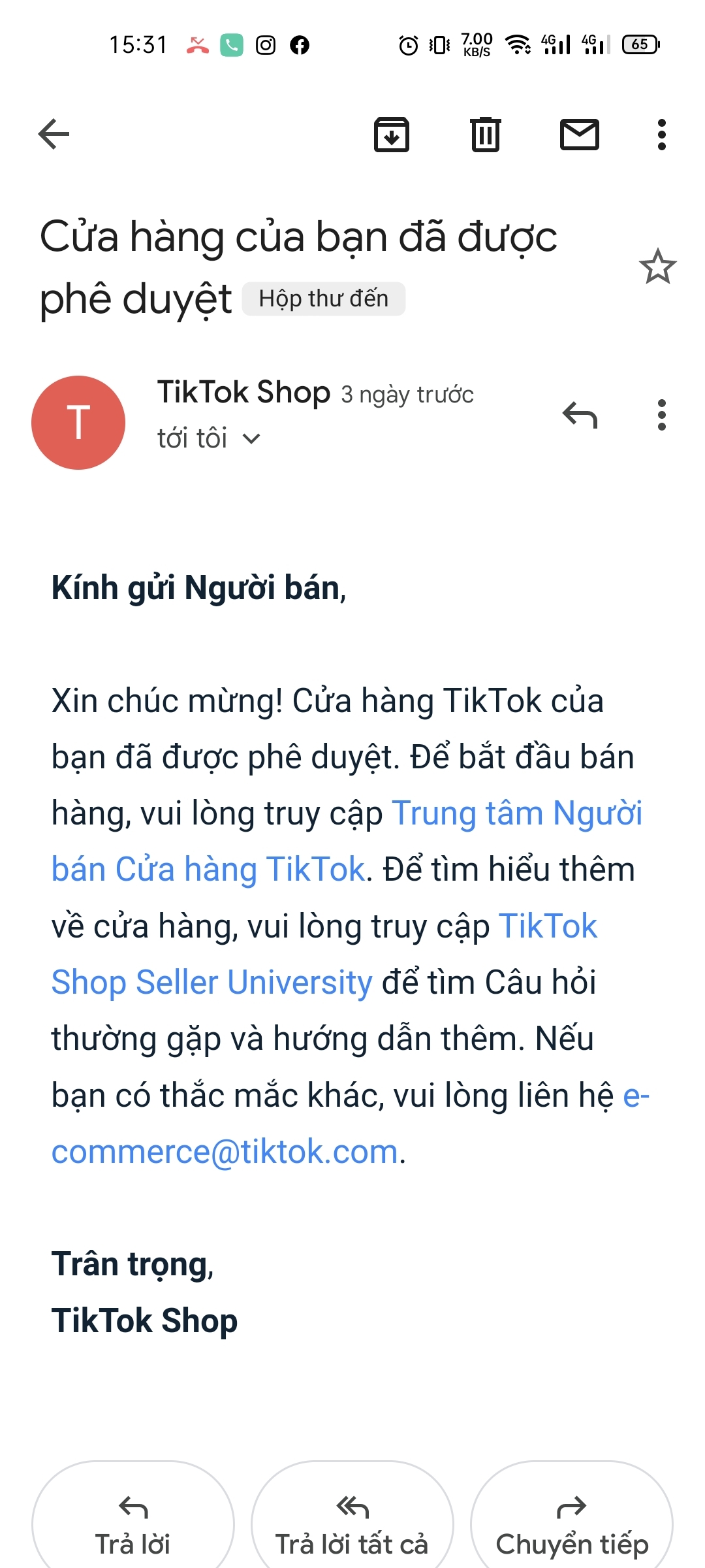 Thông báo đăng ký Tik Tok Shop thành công t