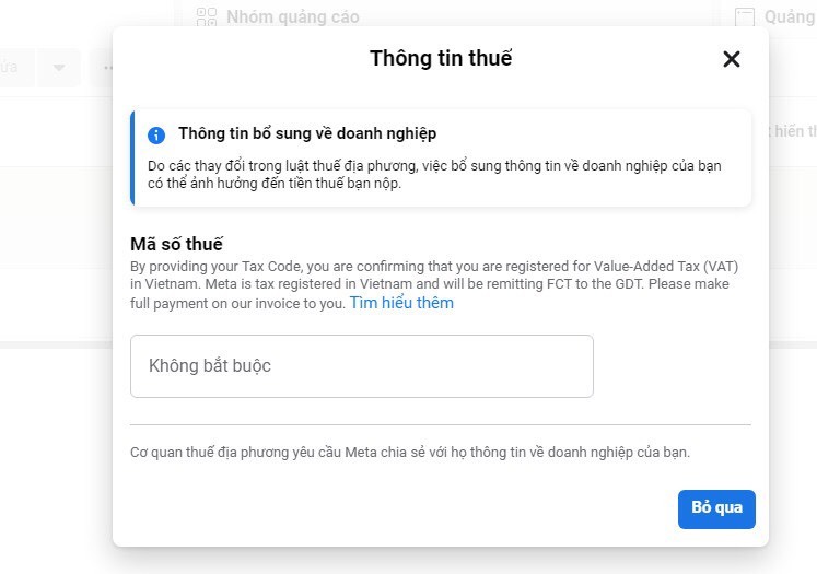 Thông báo cập nhật mã số thuế trên Facebook