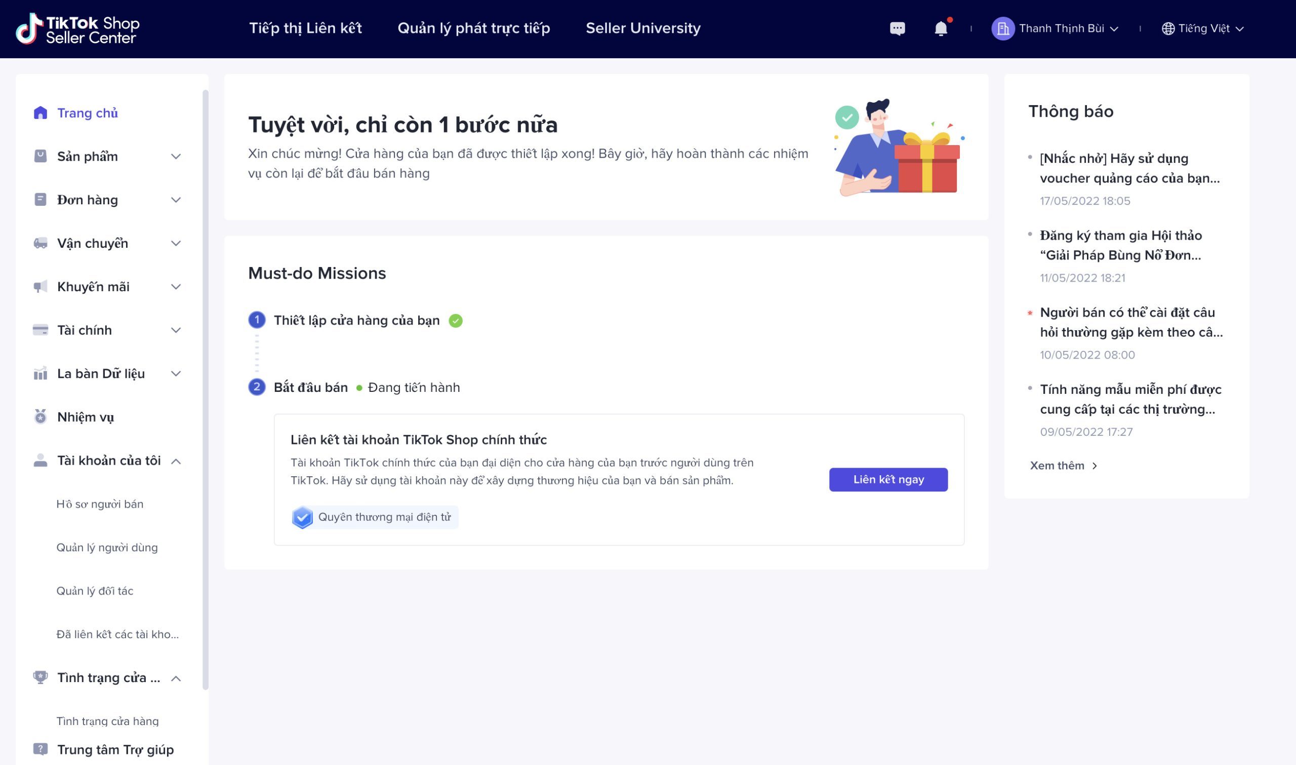 Giao diện quản lý khi đăng ký Tik Tok Shop thành công