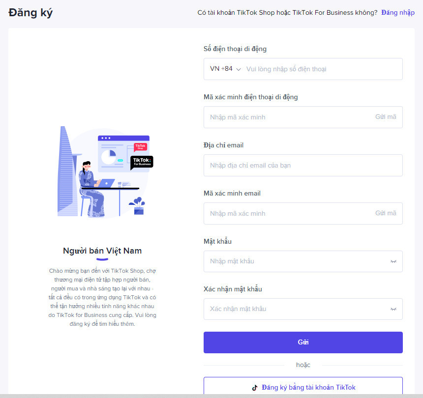 Giao diện đăng ký Tik Tok Shop