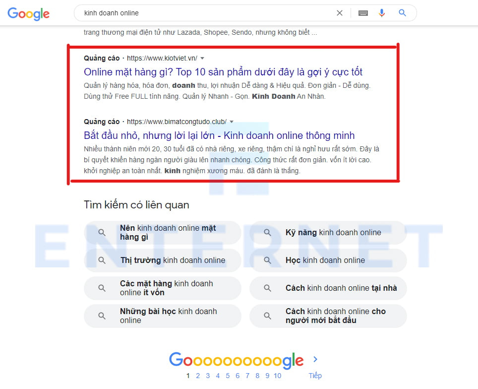 Vị trí hình thức quảng cáo Google tìm kiếm xuất hiện