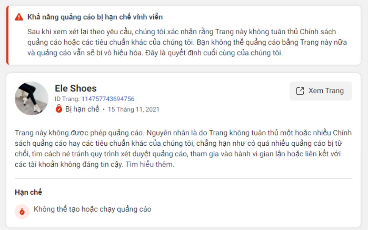 Link kháng Fanpage bị vô hiệu hóa
