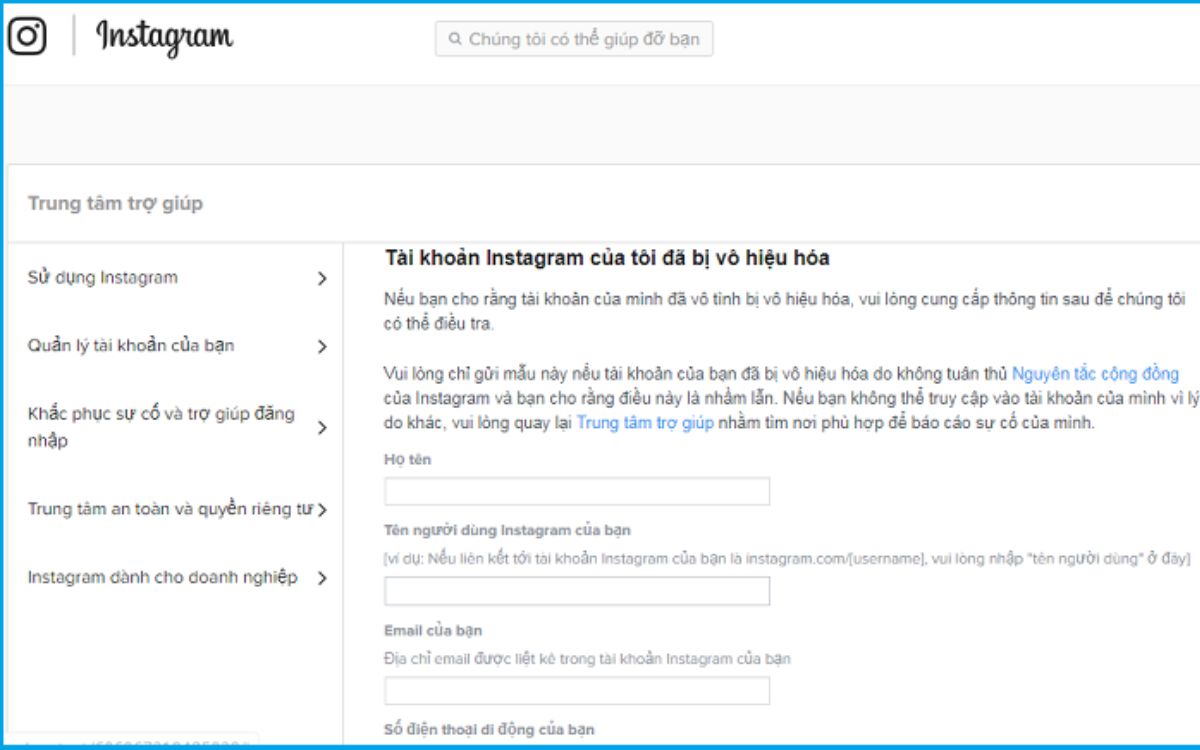 Link kháng tài khoản Instagram bị vô hiệu hóa