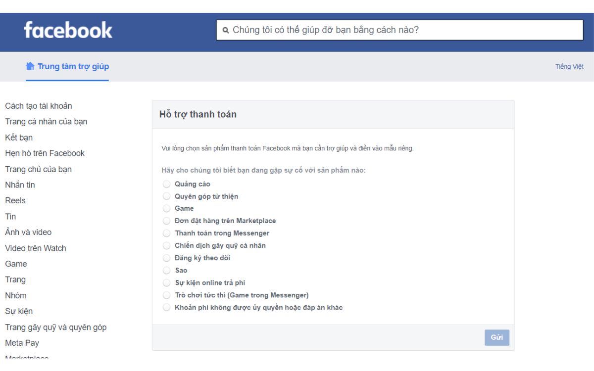 Link kháng Facebook phương thức thanh toán