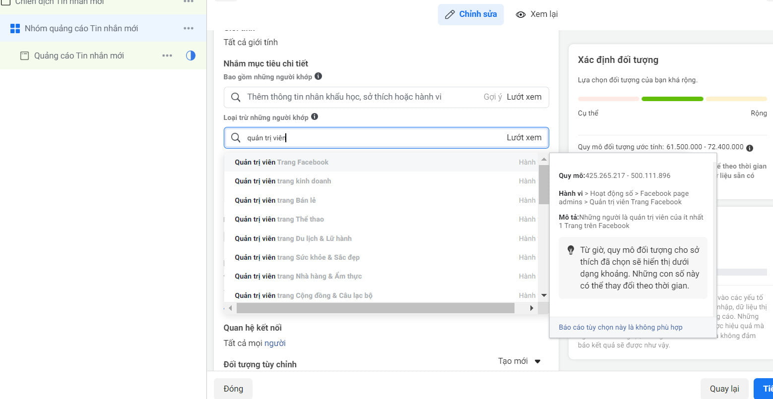 Loại trừ quản trị viên Facebook khi chạy quảng cáo