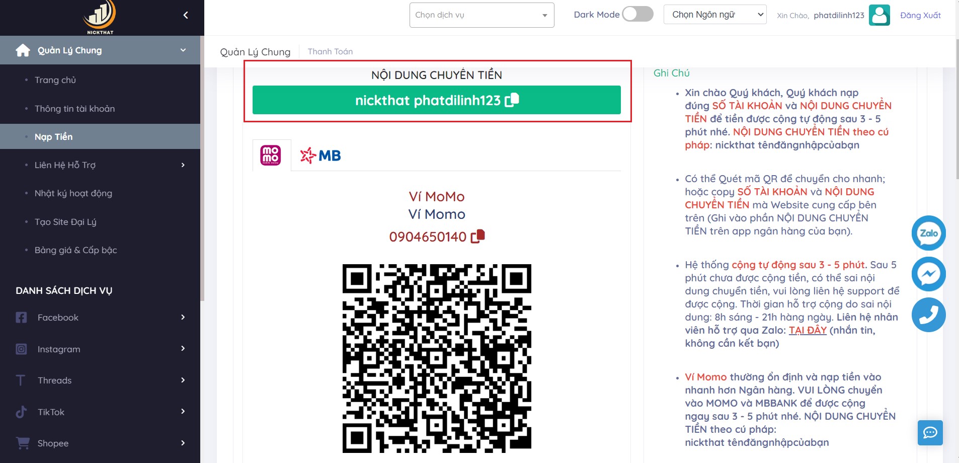 nạp tiền trên tài khoản nickthat.vn