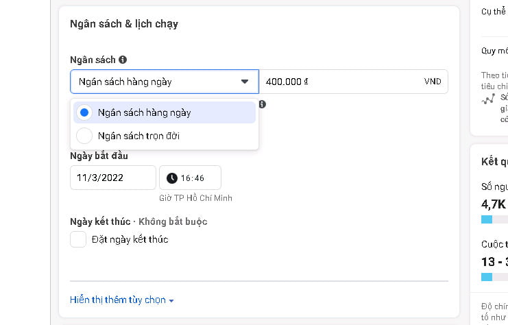 Ngân sách quảng cáo facebook