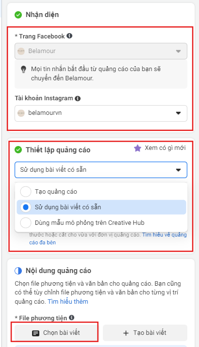 Chọn bài viết có sẵn để chạy quảng cáo Facebook