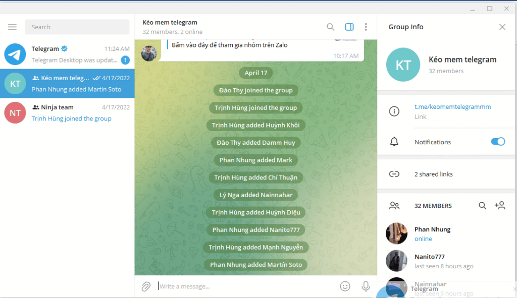 Tăng member telegram