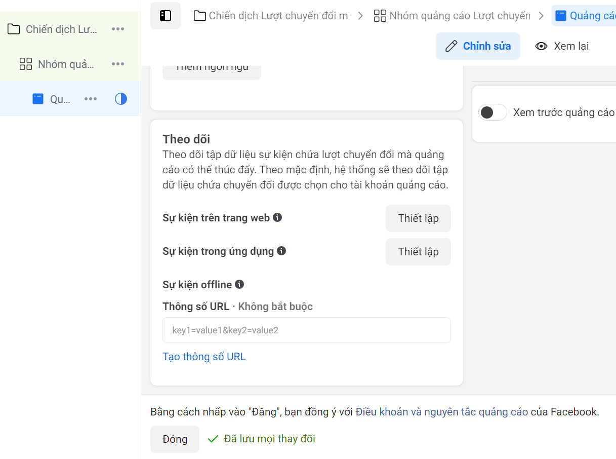 Phần tạo sự kiện trang web trong trình quản lý quảng cáo