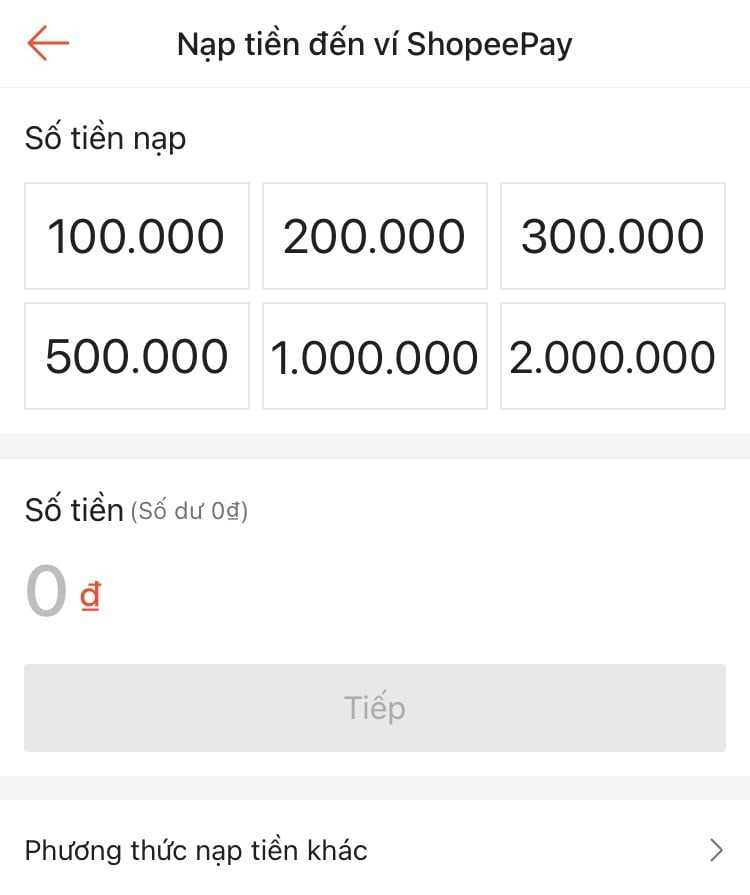 Nạp tiền ví Shopee Pay