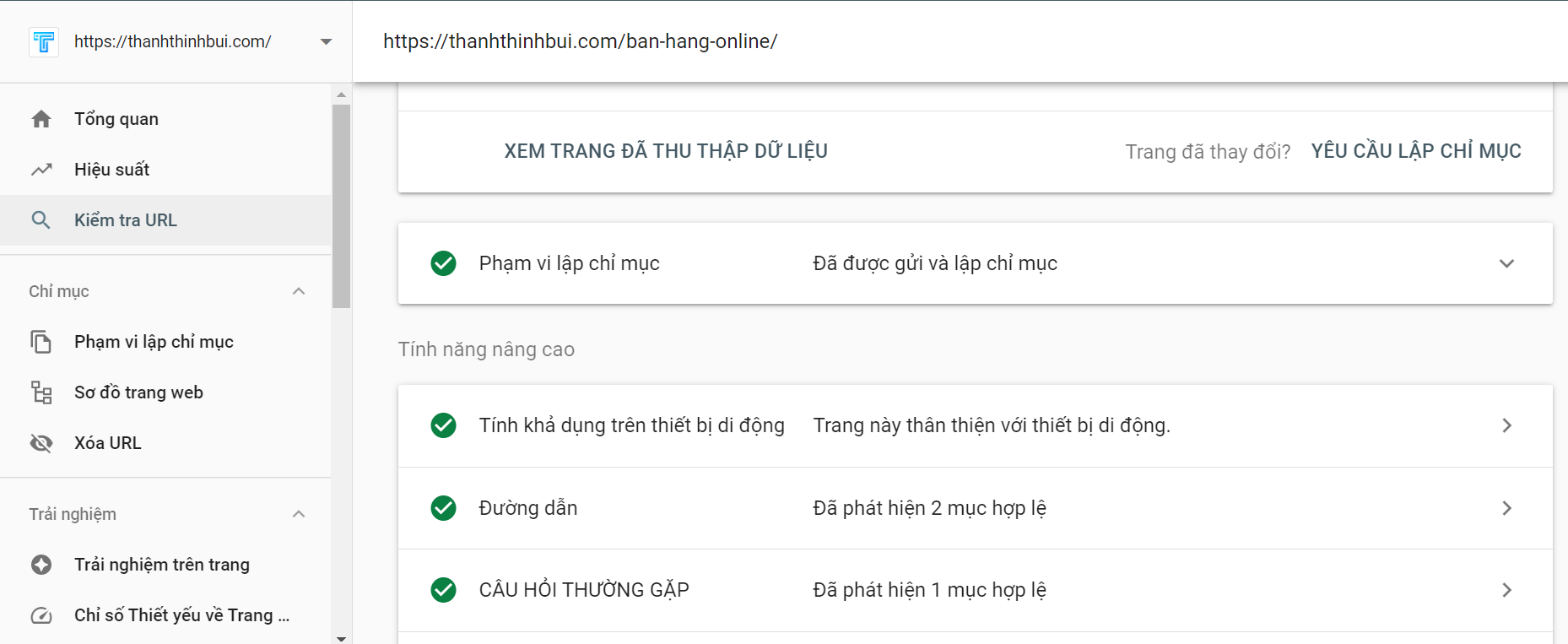 Kiểm tra liên kết đã index