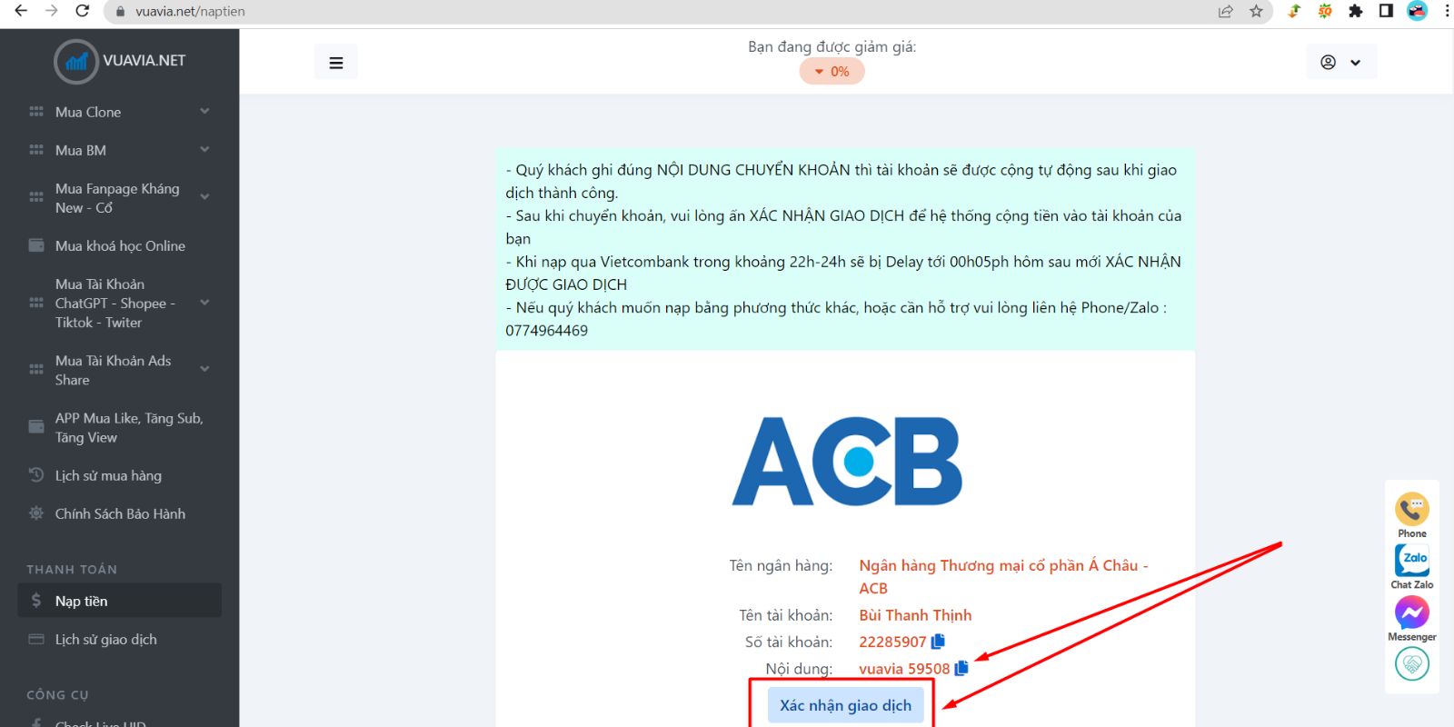 Xác nhận giao dịch nạp tiền