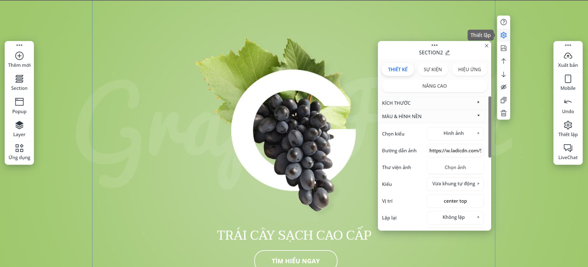 Thay đổi hình nền ở khu vực đầu trang landing page