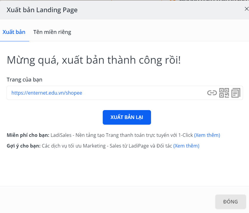Giao diện thành công sau khi tự thiết kế landing page