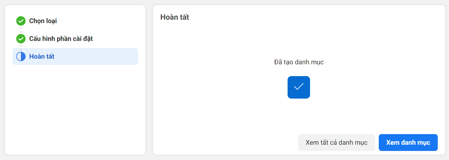 Thông báo tạo xong danh mục sản phẩm