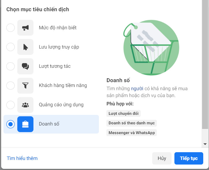 Chọn mục tiêu chiến dịch doanh số khi chạy Dynamic Ads