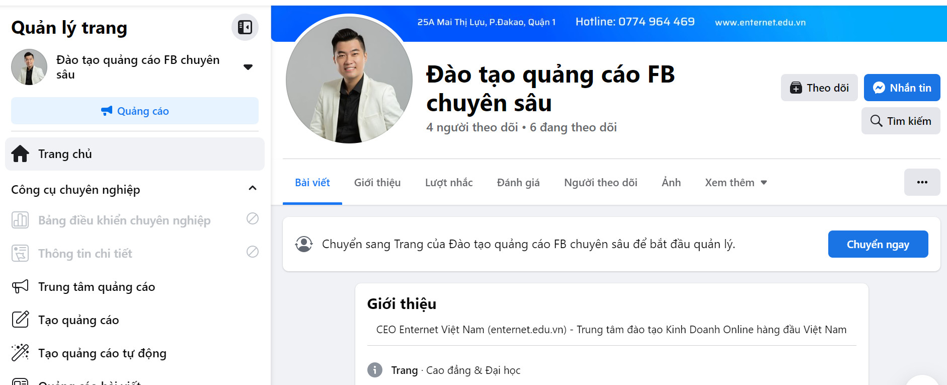 Giao diện fanpage pro5 có nút chuyển ngay