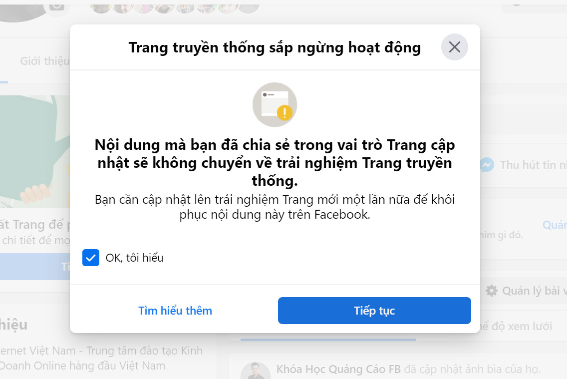 Thông báo chuyển page profile sang page thường