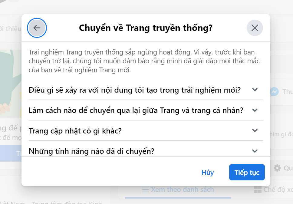 Thực hiện chuyển page profile về page truyền thống