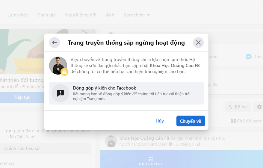 Hướng dẫn chuyển page profile về page thường