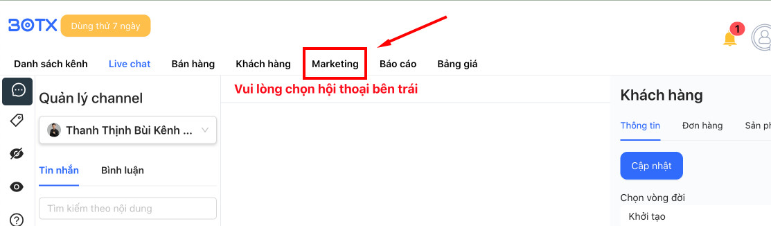 chọn marketing để Gửi tin nhắn hàng loạt trên fanpage miễn phí 