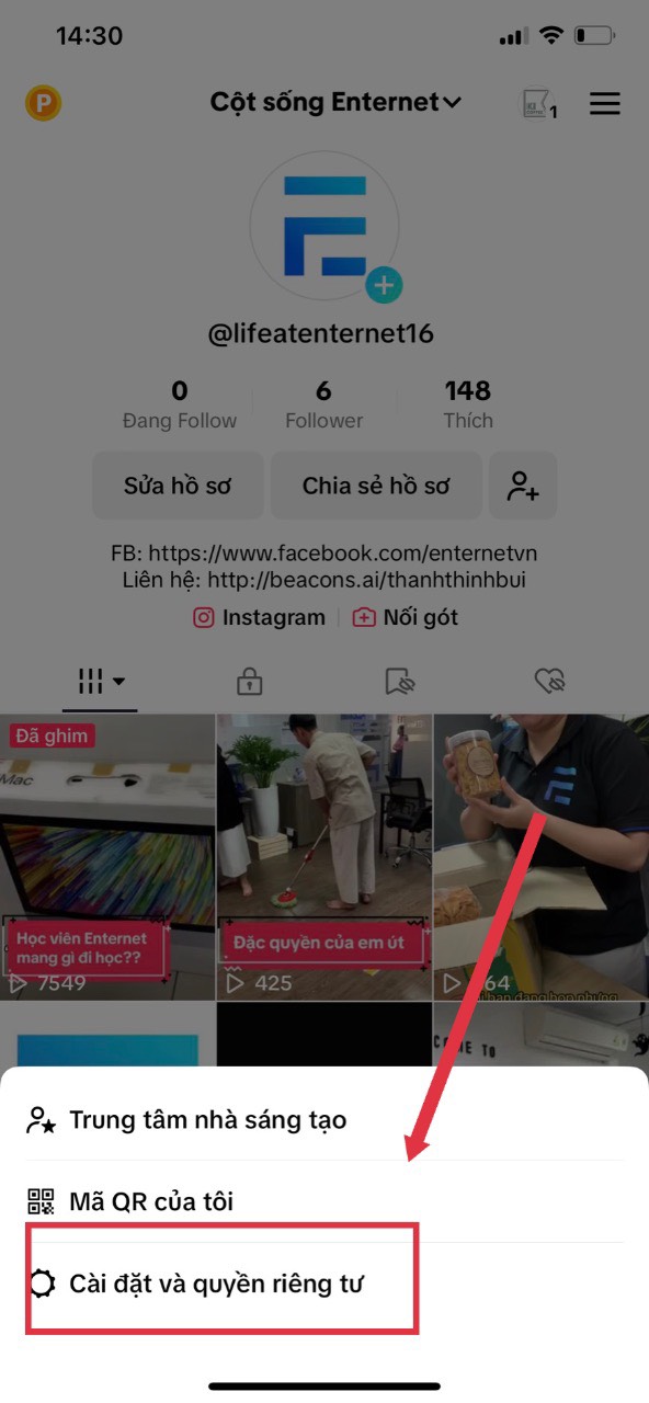 chọn cài đặt quyền riêng tư