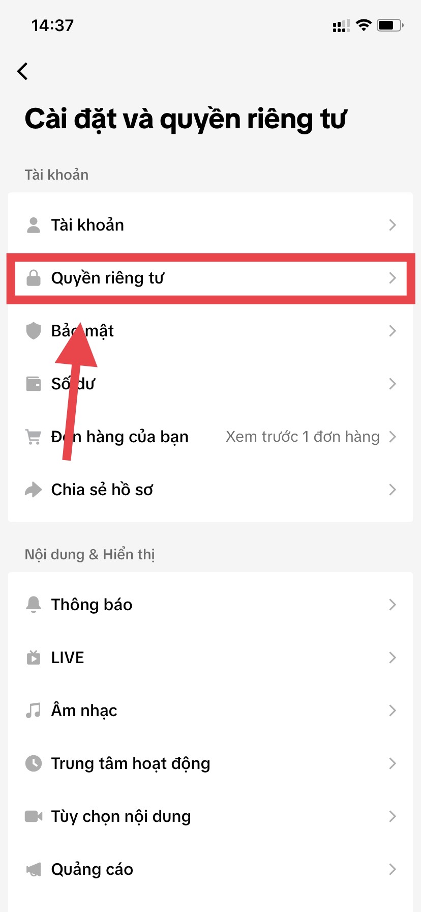 chọn quyền riêng tư để cài đặt ẩn danh follow trên tiktok