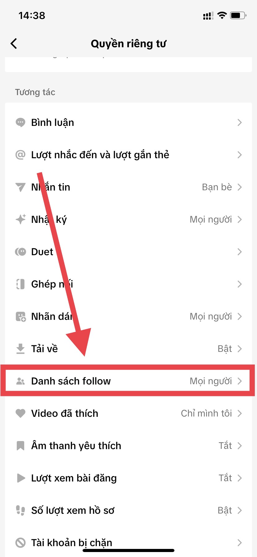 chọn danh sách follow 