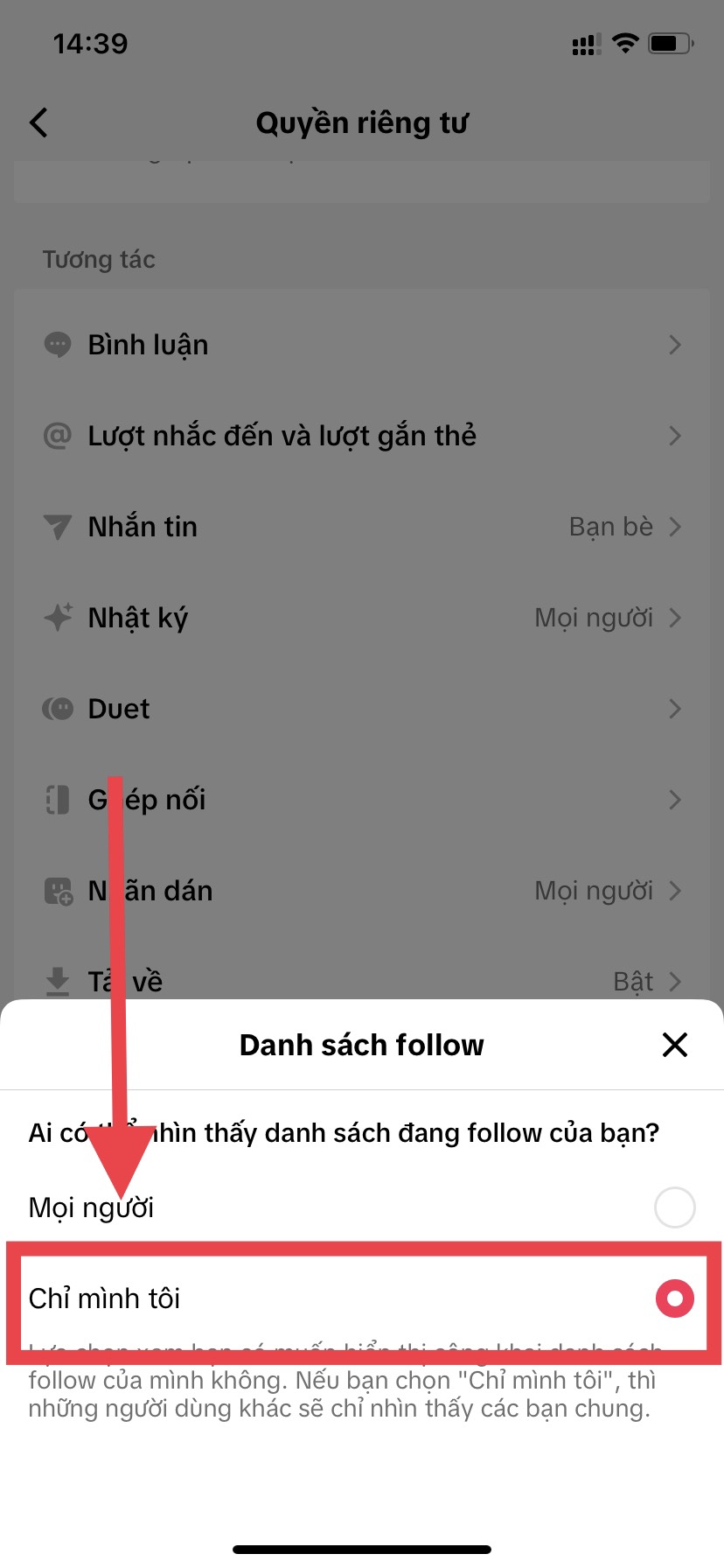 chọn chỉ mình tôi để ẩn danh sách những người follow trên tiktok