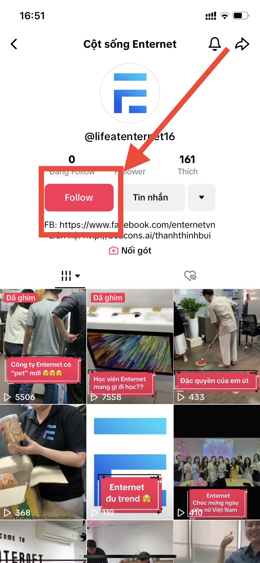 bấm vào nút follow để gửi yêu cầu follow
