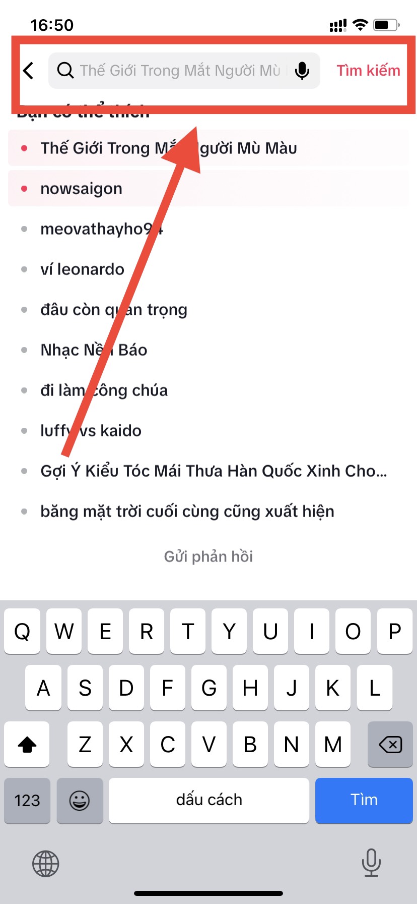 bấm vào thanh tìm kiếm  bấm tài khoản mình cần gửi yêu yều follow