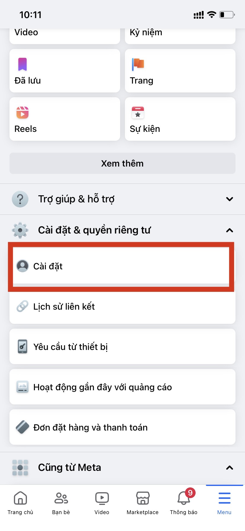 chọn cài đặt